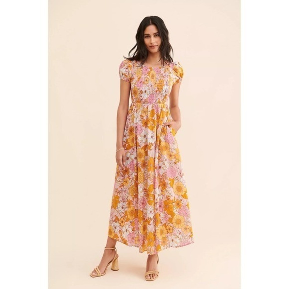 Kachel Floral Cotton Midi Dress Smocked Puff Sleeve Open Back Size M boho 70s